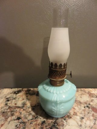 Antique Vintage Miniature Oil Lamp Blue Milk Glass Acorn Burner Usa