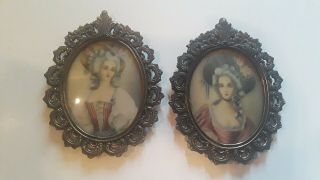Italian 2 Vintage Ornate Oval Convex Glass Picture Frames Metal