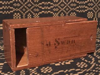 Antique Primitive Small Sliding Lid Wood Box Swan Name Aafa