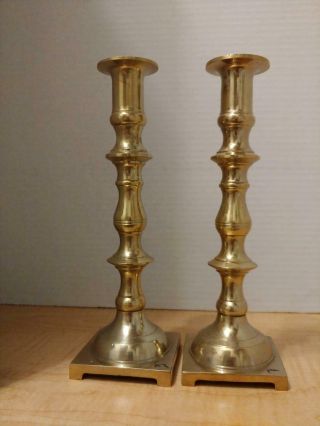 Vintage Pair Solid Brass Candle Holders Candlesticks Square Base 9 In High Ex Cd