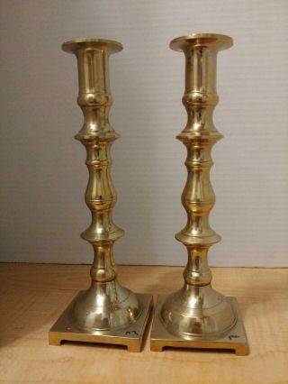 Vintage Pair SOLID Brass CANDLE HOLDERS CANDLESTICKS Square Base 9 in High Ex Cd 2