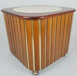 Mid - Century Danish Modern Teak End Table Brass Oak Wood Faux Marble Vintage