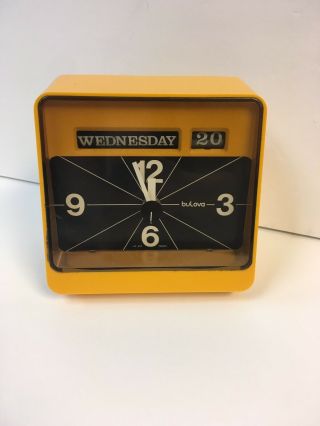 Vtg 60s Mid Century Modern Bulova Flip Electric Clock Space Age Date Mcm Yellow