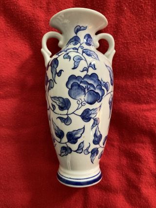 Antique Blue & White Porcelain Handled Vase.  Floral Design Check Pics 7.  5”