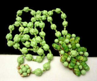 Unique Rare Vintage 28 " X2 - 1/2 " Signed Miriam Haskell Green Art Glass Necklace 18