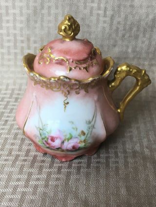 Antique Porcelain Condiment Jar Hand Painted Pink/red Roses & Gold Trim Germany