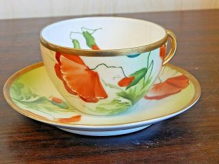 Antique Royal - Rudolstadt Hand - Painted Orange Poppies Porcelain Cup & Saucer