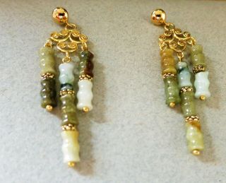 Vintage Art Deco Chinese Carved Jadeite Jade Chandelier Gold Vermeil Earrings