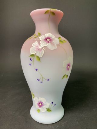 Shelley Fenton Hand Painted Floral Flower Vase Blue And Pink 8 Inch Tall
