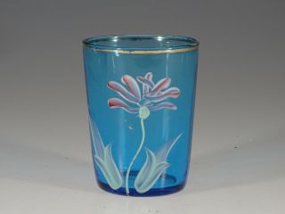 Victorian Blue Glass Tumbler Handpainted Red & White Floral Motif C.  1900
