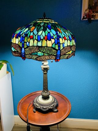 Xl Exquisite Vtg Tiffany Style Dragonfly Stained Glass Lamp - Multi Color