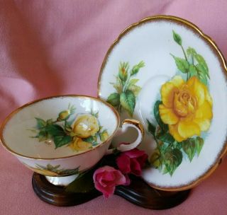 Vintage Parragon Yellow Roses Bone China Tea Cup & Saucer Set Signed By Mitzi