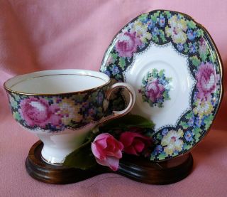 Vintage Parragon Gingham Rose Bone China Tea Cup & Saucer Set