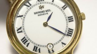 Mens Raymond Weil Fidelio Watch 18k Gold Electroplated White Roman Dial Ref 9146