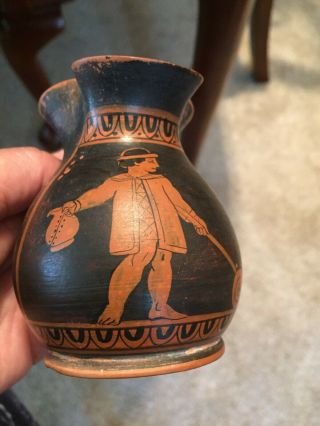 Grecian Hand Painted Terra Cotta Pitcher With Boy Figure