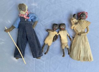 Rare Vintage 5 Piece Black African American Corn Husk Family Dolls Folk Art