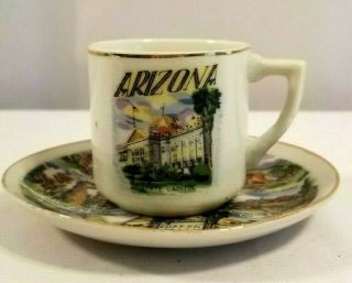 Vintage Arizona Souvenir Miniature Cup & Saucer Highlighting Major Landmarks