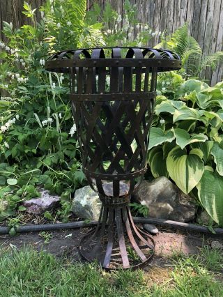 Vintage Wrought Iron Woven Pedestal Lattice Basket Planter Urn
