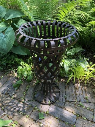 Vintage Wrought Iron Woven Pedestal Lattice Basket Planter Urn 2