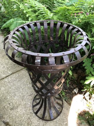 Vintage Wrought Iron Woven Pedestal Lattice Basket Planter Urn 3