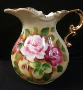 Vintage Porcelain Made In Japan Pitcher Hand Painted Roses Gold Trim