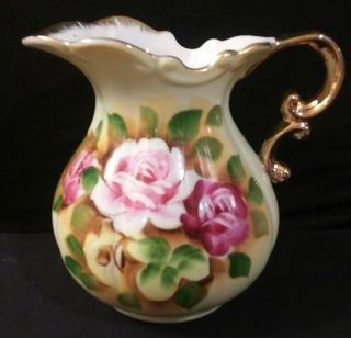 Vintage Porcelain Made in Japan Pitcher Hand Painted Roses Gold Trim 2