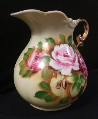 Vintage Porcelain Made in Japan Pitcher Hand Painted Roses Gold Trim 3