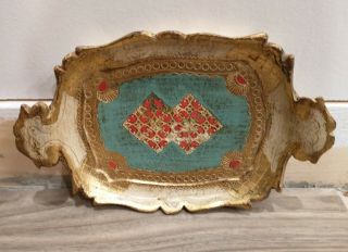 Vintage Gilded Small Tray Hand Painted Wood Made In Italy Italian Toleware