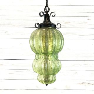 Vintage Mid Century Tudor Hanging Swag Light / Lamp Green Crackle Glass