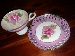 Royal Halsey Fine China Tea Cup & Reticulated Saucer Pink Rose