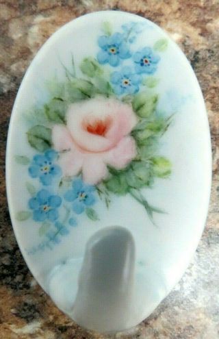 Vintage Victorian Porcelain Floral Hand Painted Wall Hook Pink Rose Blue Flowers