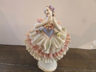 Vintage Female Dancer Figurine Porcelain Lace Dresden Style Ruffles 6 " H