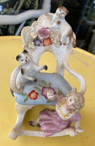 Antique German Bisque Girl Figurine With Rocking Chair,  2 Cats,  Flowers,  Vase