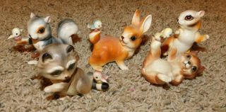 01042 5 Vintage Napcoware Figurines Squirrel Racoon Bunny Bear With Tiny Birds