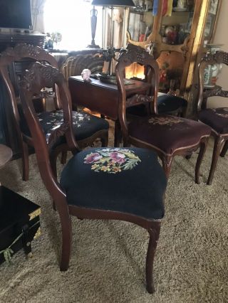 Victorian Walnut Dining Chairs W/ Needlepoint Seats 5