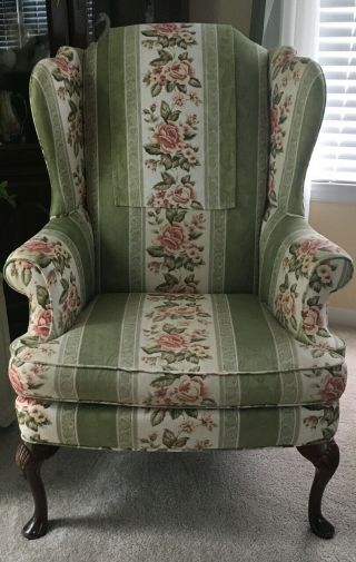 Victorian Wood High Backed Wing Pink Green Floral Chair Queen Anne Legs Guc