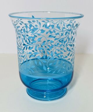 Clear Glass Vase With Hand Painted Blue Leaves Base & Rim