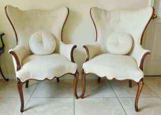 Gorgeous Antique Solid Mahogany Ivory Wing Back Arm Chairs Horse Hair