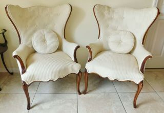 Gorgeous Antique Solid Mahogany Ivory Wing Back Arm Chairs Horse Hair 3