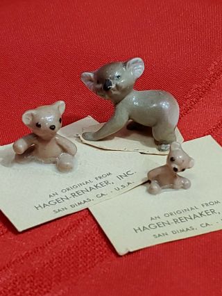 Vintage Hagen Renaker Miniature Porcelain Figurines Koala & 2 Baby Bear On Cards