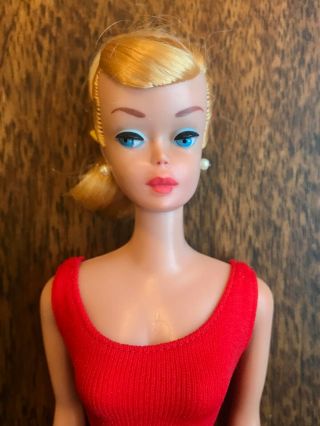 NEAR 1960 ' s Vintage Barbie Swirl Blonde PONYTAIL DOLL w/ Red Swimsuit 2