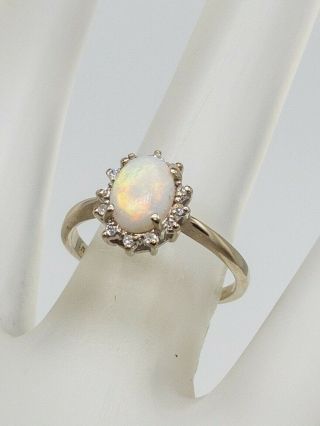 Antique 1950s 1.  75ct Natural Opal Diamond 10k White Gold Halo Ring