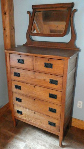 Antique Mission Oak Chest Of Drawers W/ Mirror