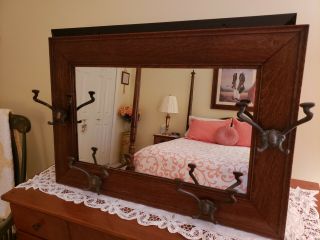Antique Oak Hanging Hall Mirror With Hat Hooks Finish
