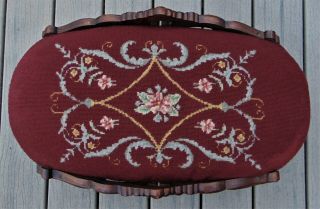 ANTIQUE NEEDLEPOINT/ WOODEN FOOT STOOL 1800 ' s MAHOGANY HAND CARVED 15 