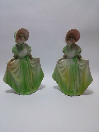 Twin Sisters Lady Figurines In Green Dresses Ceramic Porcelain Vintage 1950s