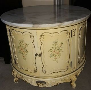 Antique French Provincial Marble Top Hand - Painted Side/ End Table Liquor Cabinet