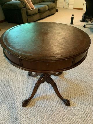 Vintage Leather Top Ball Claw Drum Table Mahogany