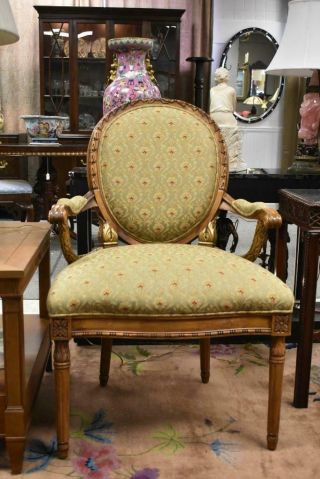 Century Furniture Upholstered Side Arm Chair Gold Details Carved Designs