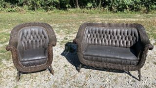 Antique 1890’s Wicker Love Seat Chair Tufted Leather Set